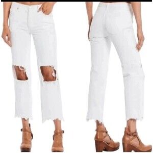 Free People Womens White High Rise Distressed Slim Straight Jeans Size 28